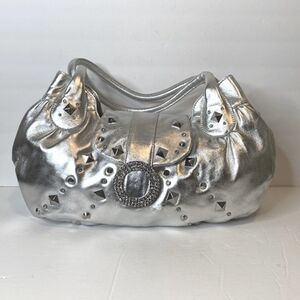 Vintage Y2K Charm And Luck Metallic Silver Leather Crescent Hobo Embelli…